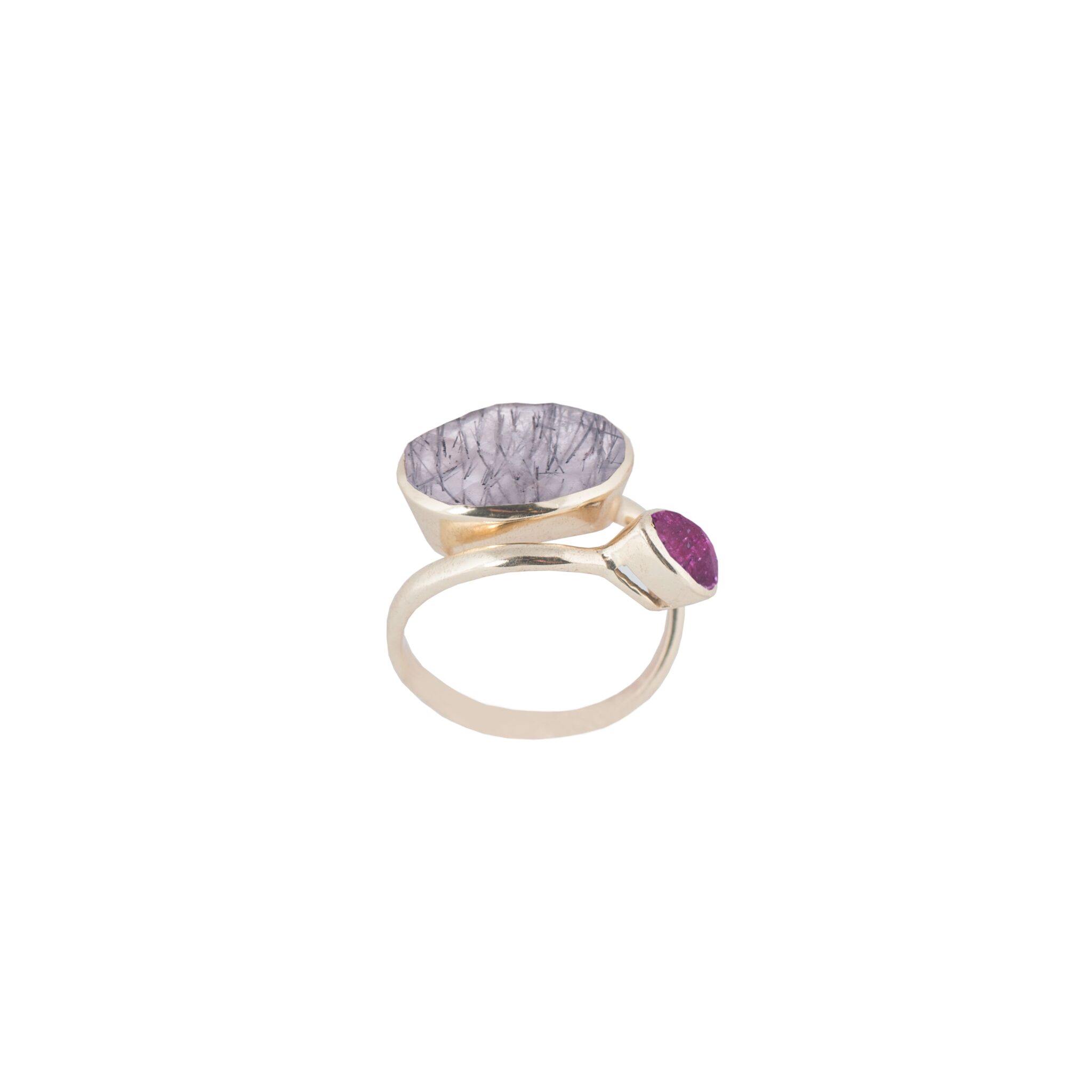 ANILLO UNIVERSAL CHAPADO ORO & RUBI Y CUARZO RUTILADO