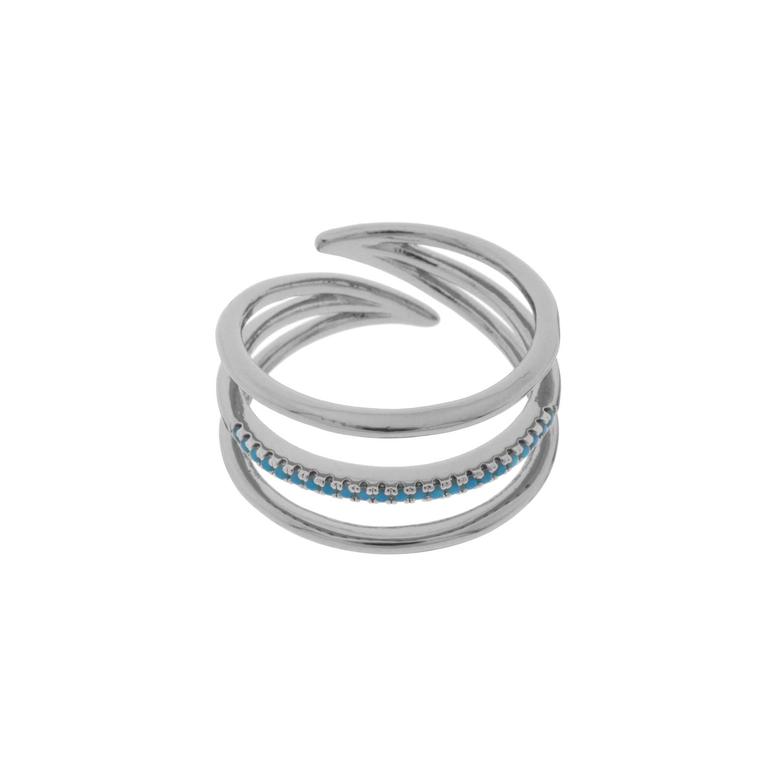 ANILLO AZUL UNIVERSAL CHAPADO RODIO 3 VIAS CON PIEDRA TURQUE
