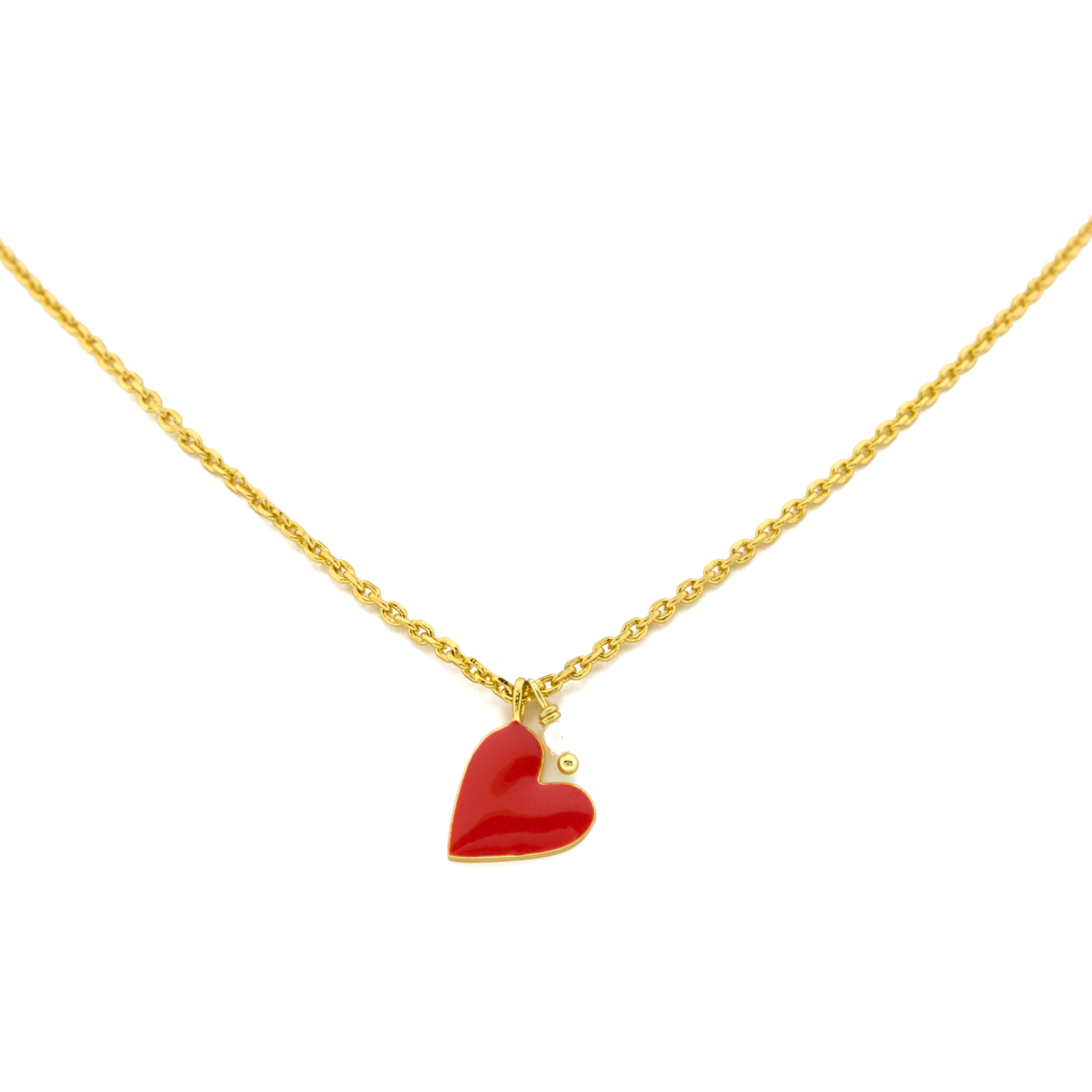 Collar con corazón esmaltado rojo y perlita