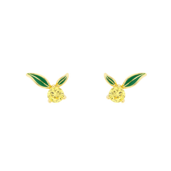Pendiente Bilyfer limón amarillo con hojas esmaltadas en verde y circonita