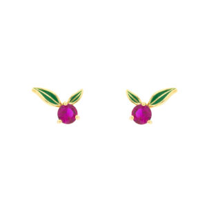 Bilyfer strawberry earring with green enameled leaves and fuchsia zirconia