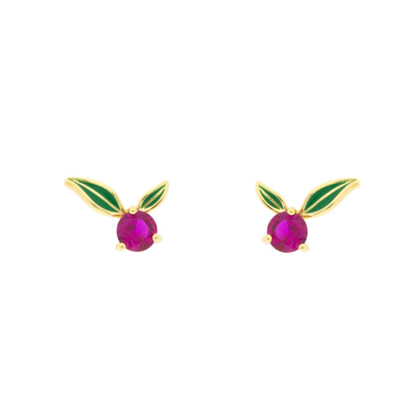 Bilyfer strawberry earring with green enameled leaves and fuchsia zirconia