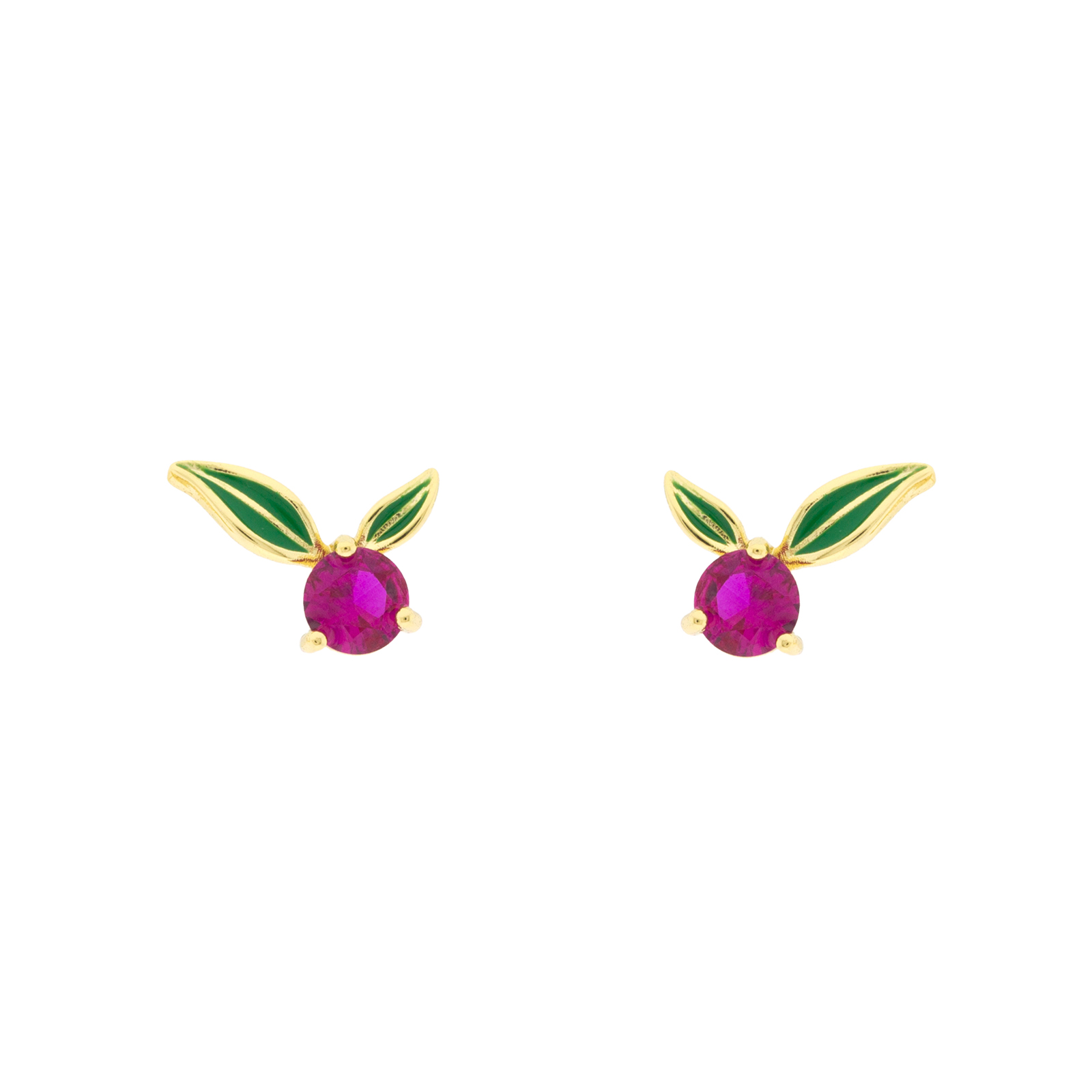 Pendiente Bilyfer fresa con hojas esmaltadas en verde y circonita fucsia