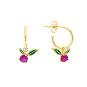 Aro Bilyfer con circonita fucsia colgando y hojas verdes esmaltadas