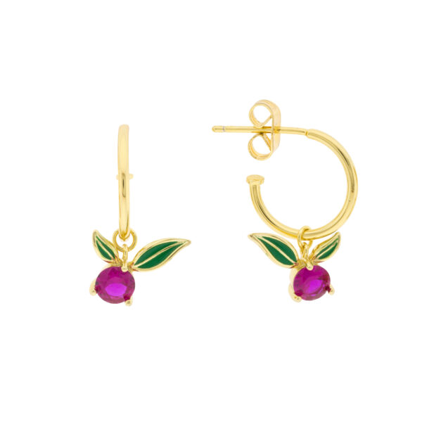 Bilyfer ring with hanging fuchsia zirconia and enameled green leaves