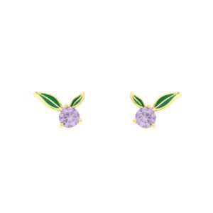 Blueberry Bilyfer earring with enameled green leaves and lilac zirconia