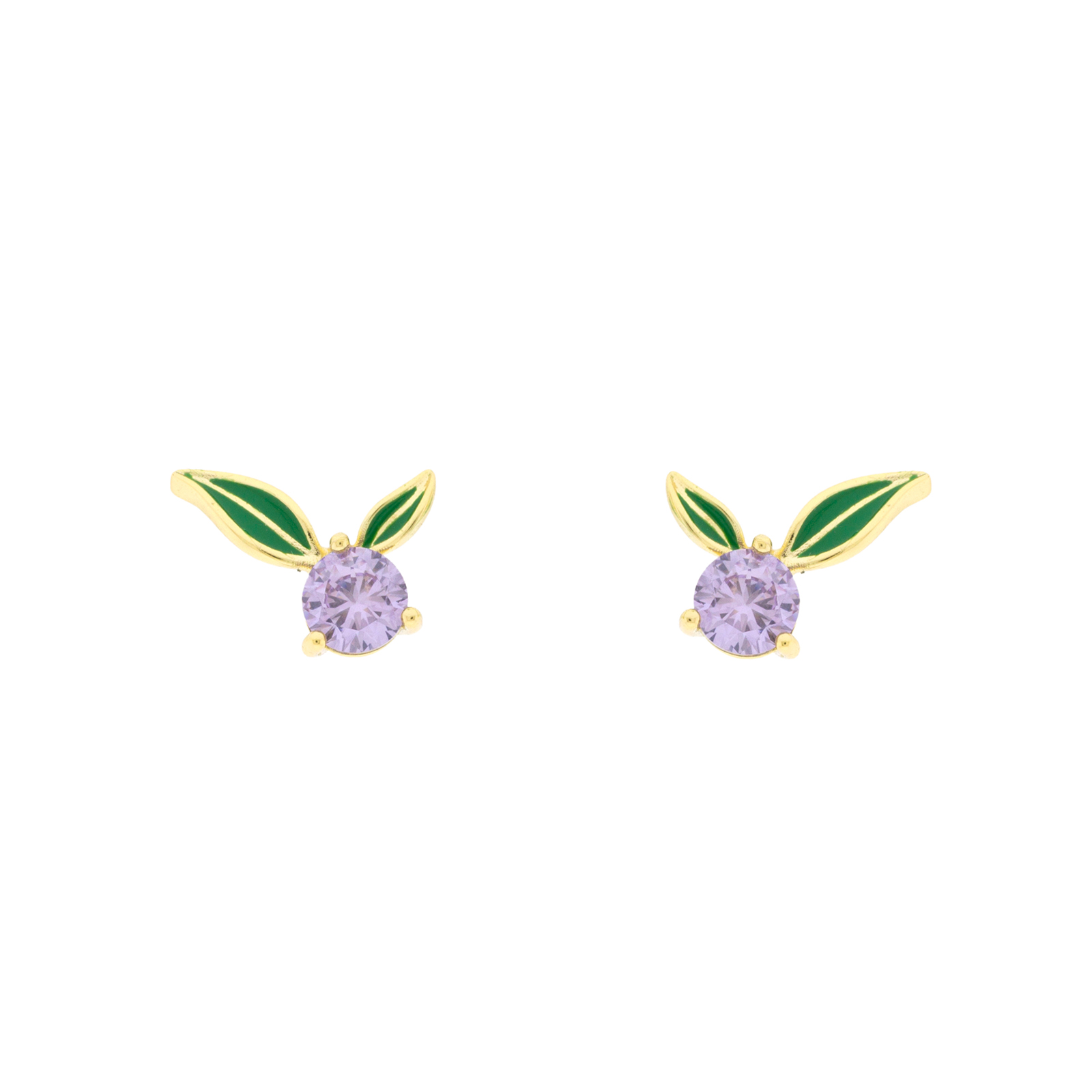Blueberry Bilyfer earring with enameled green leaves and lilac zirconia