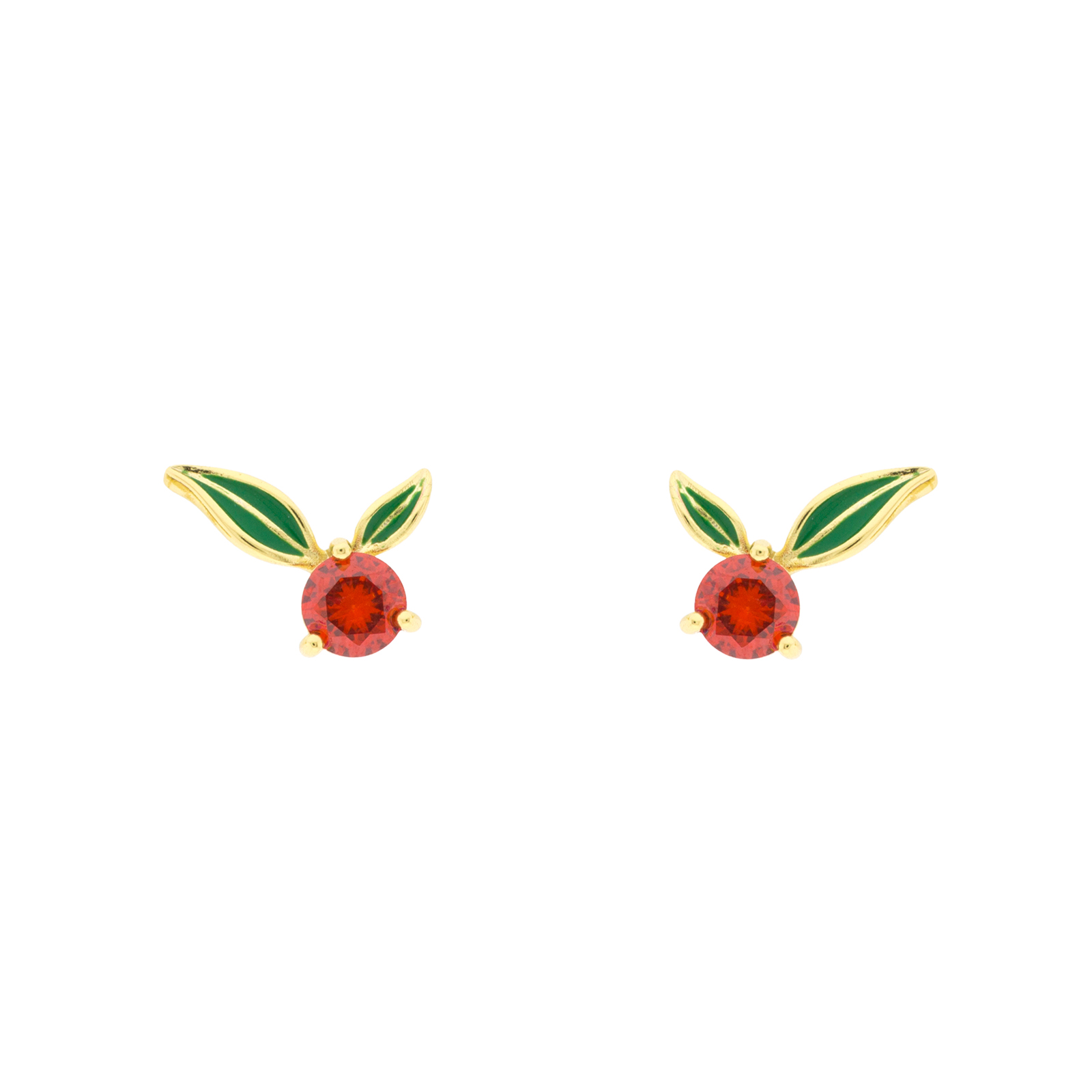 Bilyfer earring with enameled green leaves and orange zirconia