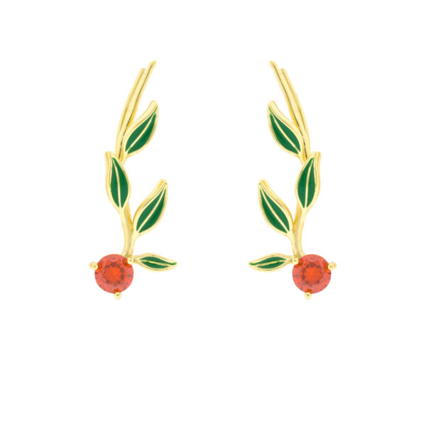Orange Bilyfer climber with green enameled leaves and gold-plated zirconia
