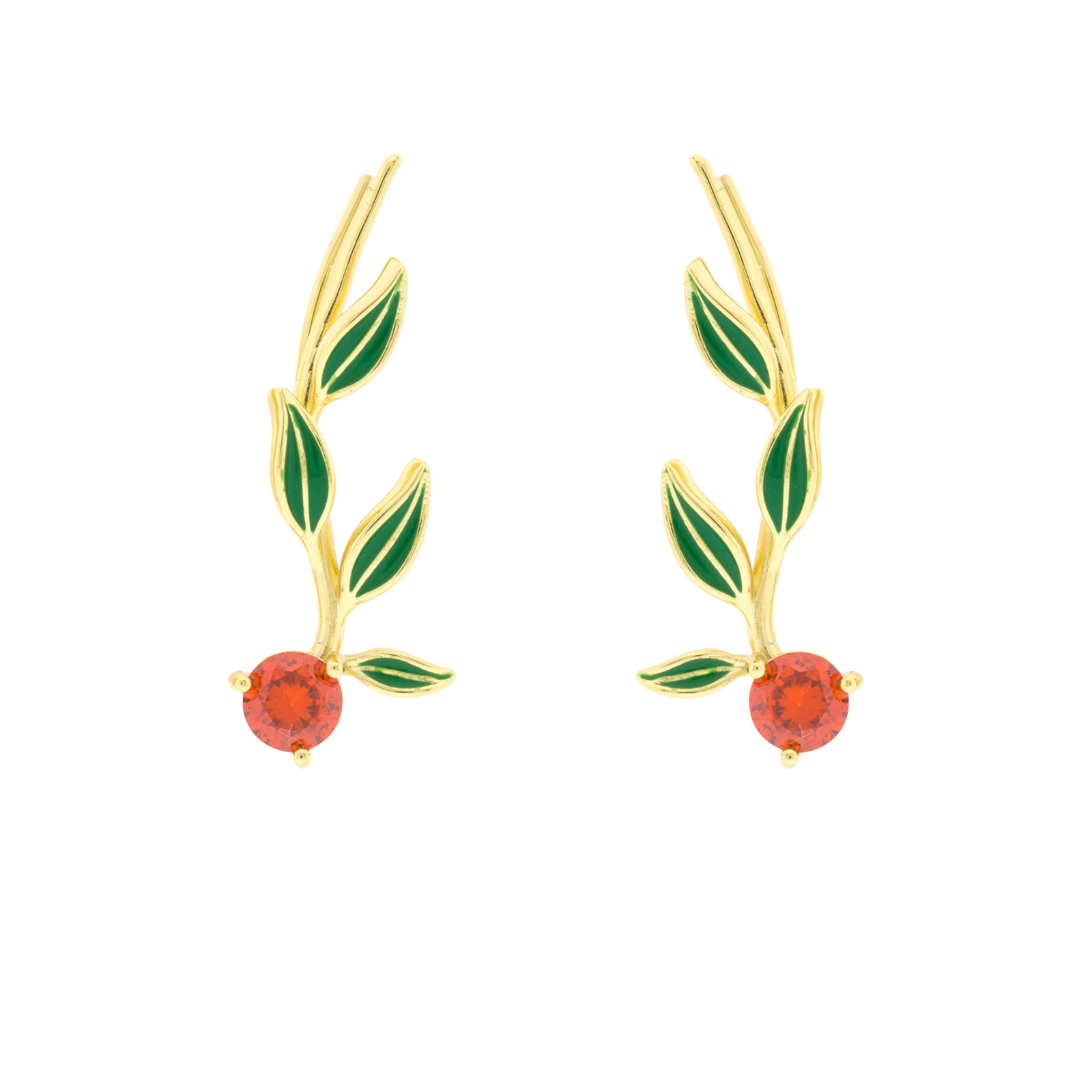 Orange Bilyfer climber with green enameled leaves and gold-plated zirconia