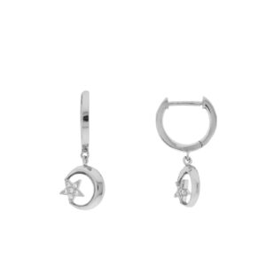Hoop with moon and star pendant with rhodium-finish zirconia