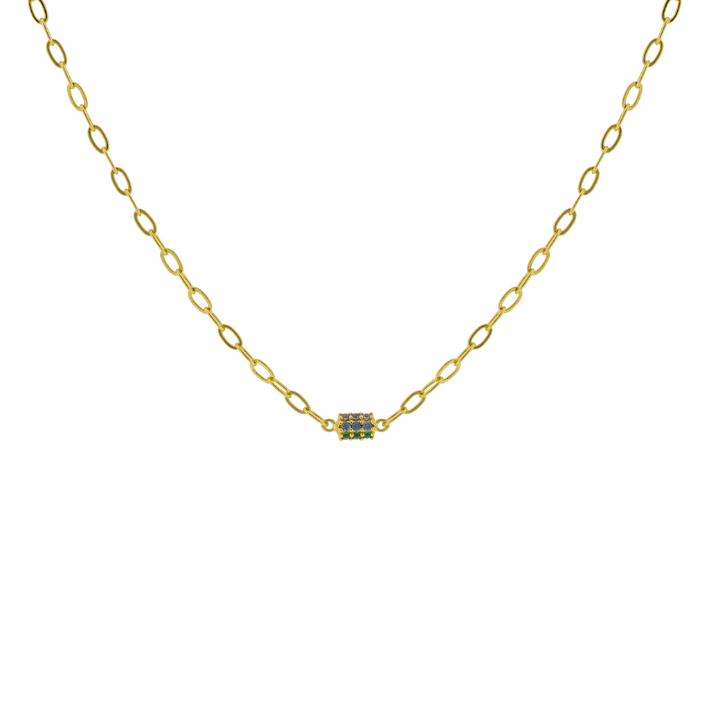 Gold-Plated Cylinder Necklace with Multicolor Zirconias