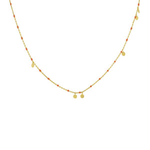 COLLAR NARANJA CON ESMALTE Y PIEZAS COLGANDO