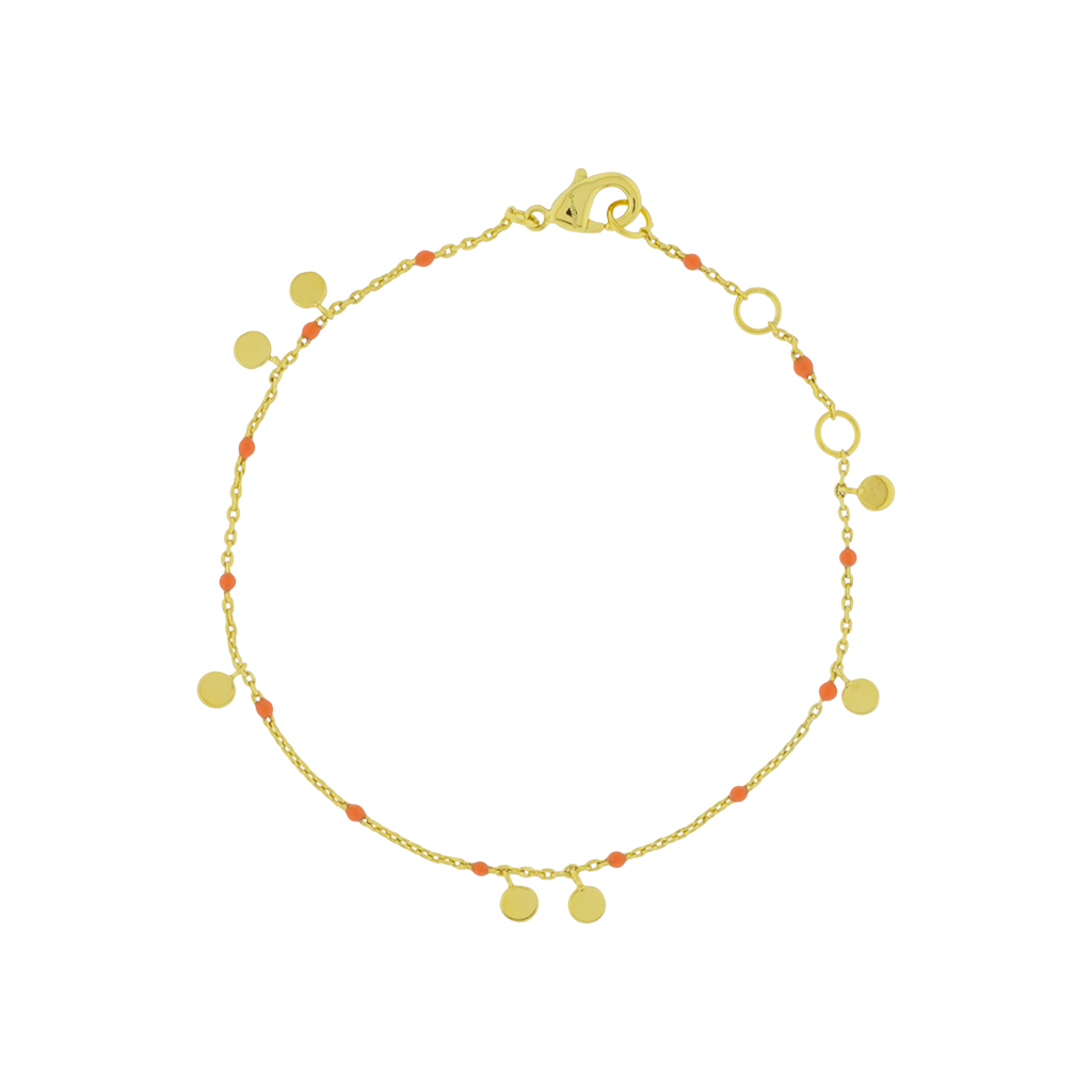 PULSERA NARANJA CON ESMALTE Y PIEZAS COLGANDO
